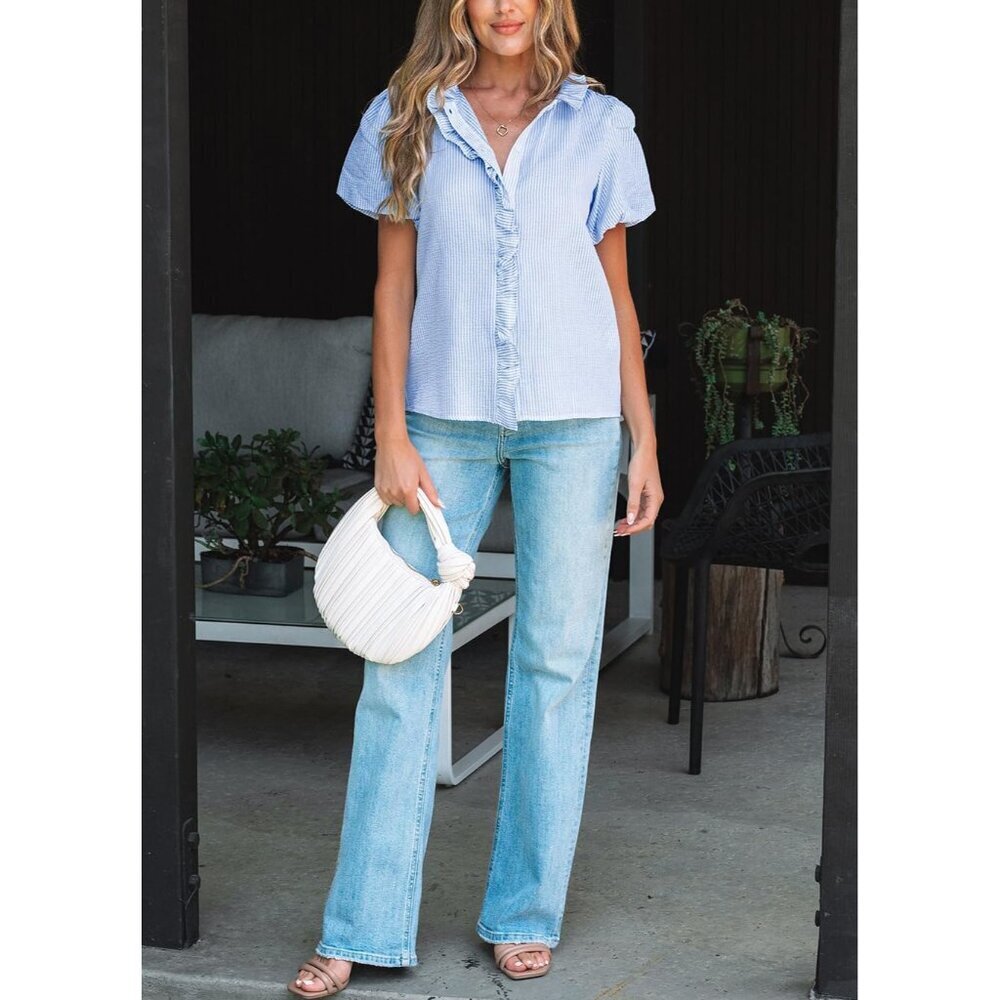 Women's Striped Button Down Shirt Casual Work Top Ruffle Stand Collar - Picture 5 of 8